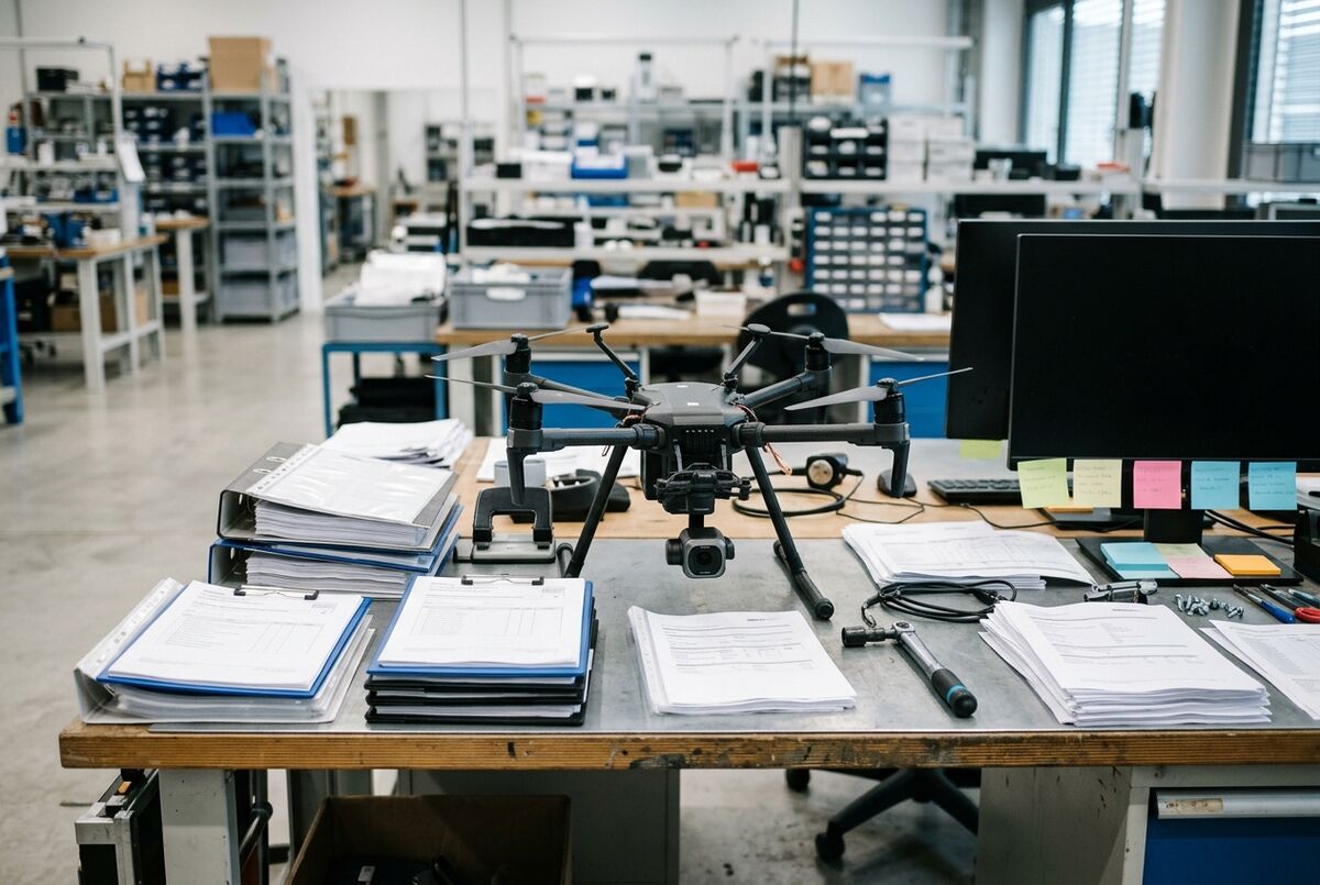 Werkbank mit einem unbewaffneten Vermessungs-Quadrocopter und Stapeln ausgedruckter Prüfprotokolle