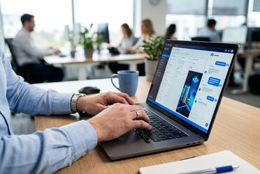 Hände tippen am Laptop in eine professionelle Geschäftssoftware mit Chat-Funktion – Live-Demo zu ALBERT | AI bei agorum® Campus