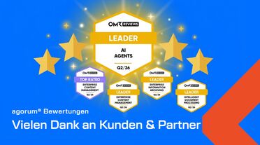 agorum® OMR Reviews Badges Q2/2026: Leader AI Agents, Enterprise Content Management, Enterprise Information Archiving, Intelligent Document Processing und Top 100 Tool DACH