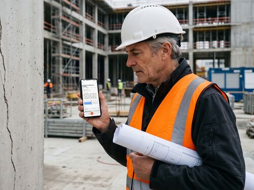Sachverständiger auf einer Baustelle spricht seinen Befund in ALBERT | AI Note, im Hintergrund Rohbau, Gerüst und Kran