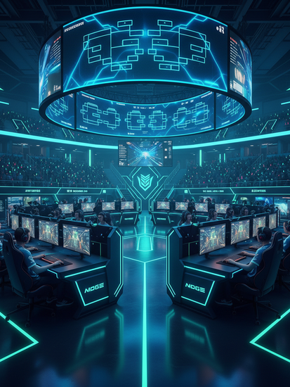 Professionelle E-Sports Arena mit Gaming-Stationen und LED-Bildschirmen
