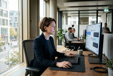 Fachkraft arbeitet mit KI-Assistent am Monitor – GPT-6 Astra in ALBERT | AI im Unternehmen