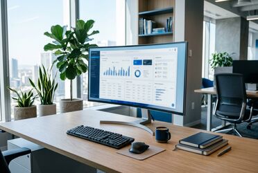 Aufgeräumter heller Arbeitsplatz mit organisiertem Dashboard, Sinnbild für nachvollziehbare KI-Arbeit in ALBERT | AI
