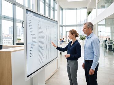 Person zeigt auf eine Dokumentenliste auf einem großen Wandbildschirm