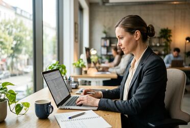 Mitarbeitende am Laptop mit vorsortiertem Posteingang durch die lokale KI-Analyse