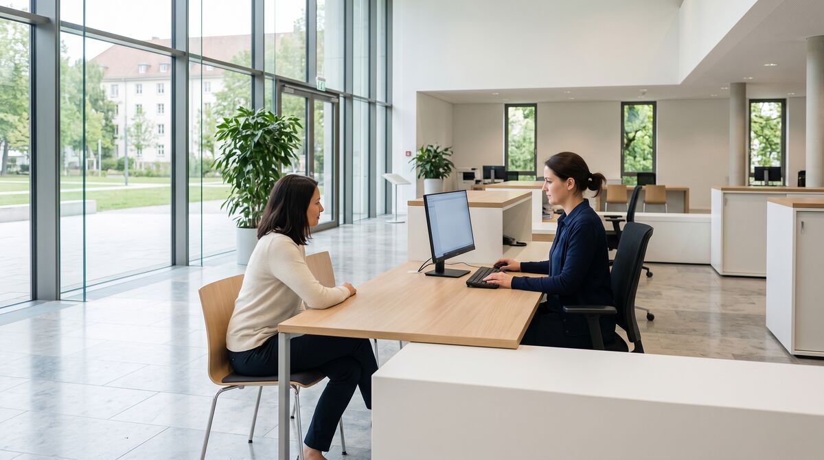 Verwaltungsmitarbeiterin und Bürgerin an einer aufgeräumten Servicetheke
