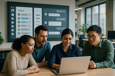 Produktivitätsteam im Office mit KI-Tasks-Tafel Offenes Großraumbüro, internationales Team arbeitet mit Task- und Chat-Dashboard im Hintergrund, moderne Atmosphäre, keine Logos