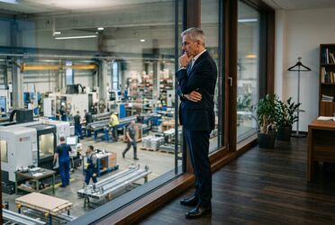CEO eines mittelständischen Unternehmens denkt am Fenster über Kosten und Risiken des Nichtstuns nach