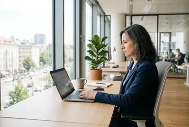 IT-Leiterin prüft in einem hellen Büro am Laptop den Stand der Sicherheitsupdates