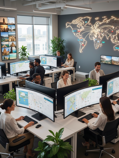 Modernes Reisebüro mit digitaler Arbeitsumgebung
