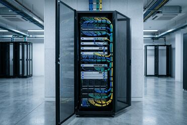 Aufgeräumter Serverschrank im eigenen Serverraum als Grundlage für datensouveräne lokale KI