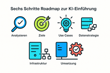 KI-Einführung Roadmap agorum® Infografik: Sechs Schritte Roadmap zur KI-Einführung, agorum-Style