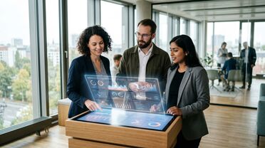 Team analysiert KI-Software-Dashboard im modernen Büro für Unternehmensentscheidungen