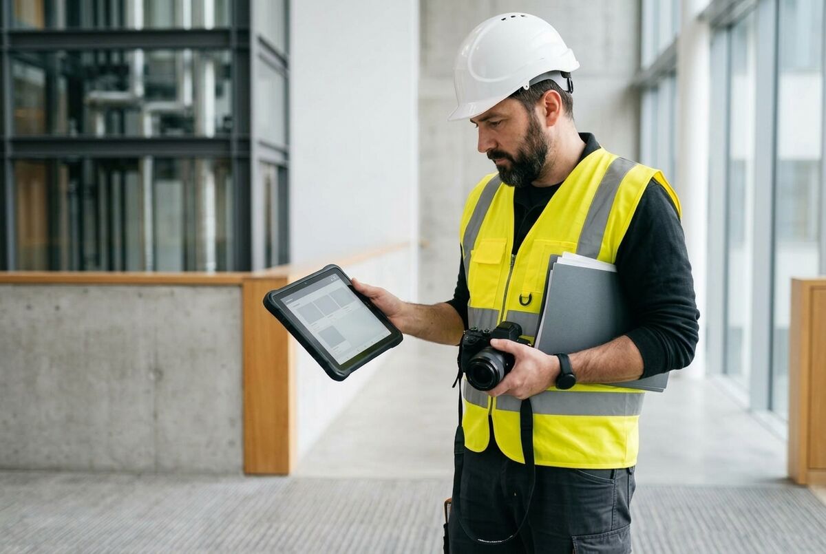 Sachverständiger mit Helm und Warnweste hält beim Ortstermin ein Tablet und eine Kamera