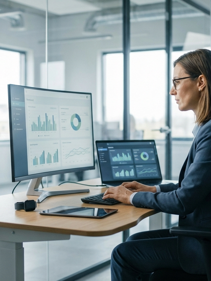 Versicherungsprüfer in modernem Büro mit digitalen Analysetools