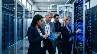 Fachkräfte prüfen On-Premises-Serverinfrastruktur für datensouveräne KI-Strategie im Unternehmen