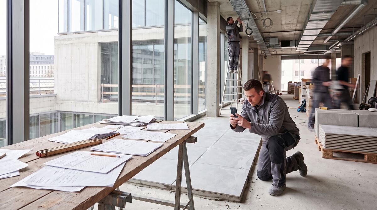 Fliesenleger fotografiert Belege auf einer Großbaustelle