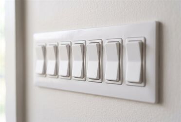 Reihe weißer Kippschalter an einer hellen Wand