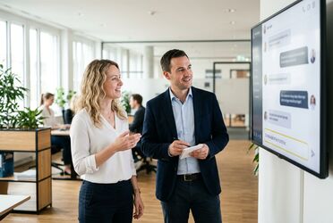 Kollegen aus HR und Marketing stellen im Büro gemeinsam eine Frage an den Firmenwissen-Assistenten am Bildschirm