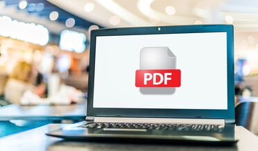 PDF-Dokument auf Laptop-Bildschirm Laptop-Bildschirm zeigt ein PDF-Dokument, das im Dokumentenmanagement-System getrennt werden kann.