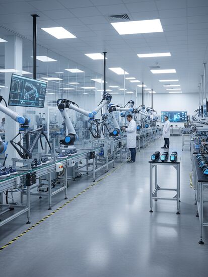Moderne Sportgeräte-Produktionshalle mit automatisierten Fertigungslinien