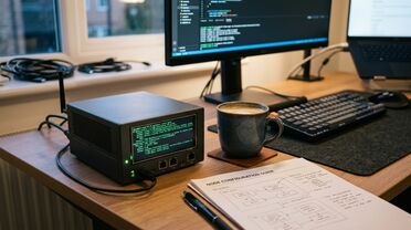 Entwicklerarbeitsplatz mit kompaktem KI-Server und Code-Terminal, bereit für die Integration von Gemma 4 in ALBERT | AI