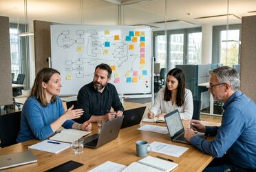 Team in einem mittelständischen Unternehmen analysiert gemeinsam Geschäftsprozesse für den KI-Einsatz an einem Whiteboard