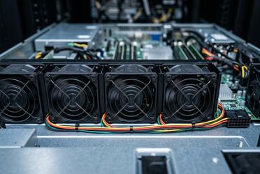 Reihe von Gehaeuselueftern im geoeffneten Rackserver, deren Drehzahl die Lautstaerke bestimmt