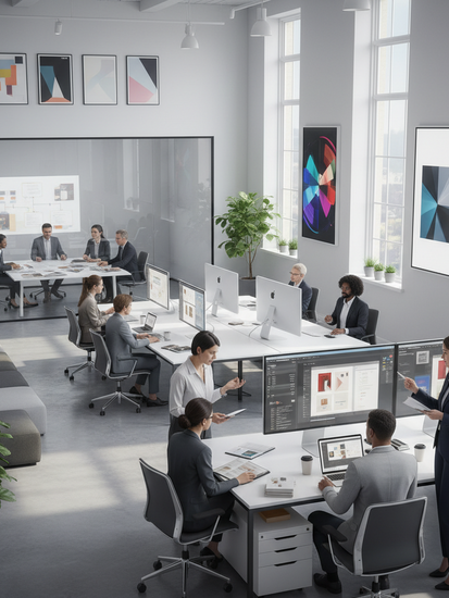 Modernes Verlagsbüro mit digitaler Transformation