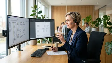 HR-Mitarbeiterin mit Headset arbeitet an digitalem Aktenverzeichnis und elektronischer Lohnabrechnung