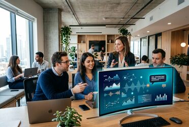 Team arbeitet mit einem KI-Assistenten auf einer strukturierten Datenbasis als Fundament für produktive KI