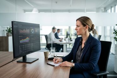 Controllerin prüft KI-Kosten an einem Cost-Dashboard im Büro – Transparenz über Tokenkosten und KI-Kosten pro Nutzer im Mittelstand