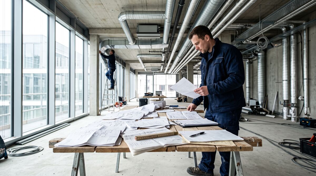 Anlagenmechaniker mit Plänen auf einer Baustelle für Gebäudetechnik