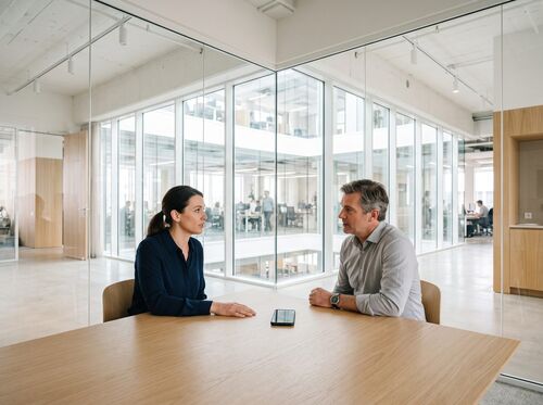 Zwei Personen im Gespräch an einem Tisch in einem hellen Bürogebäude, dazwischen ein Smartphone