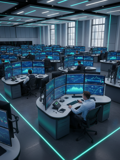 Moderner Börsenhandelsraum mit Analysebildschirmen