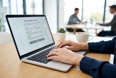 Person füllt am Laptop das kurze kostenfreie Anmeldeformular für das agorum® Campus Webinar aus