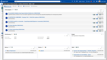 Ticketdetail in NORA 360 Grad mit Ticketaufgaben, Zeiterfassung, Budget, Notizen und Mails