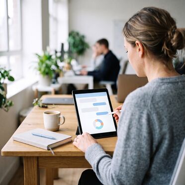 Frau arbeitet an einem Tablet mit einer Assistenten-Oberfläche in einem hellen Büro