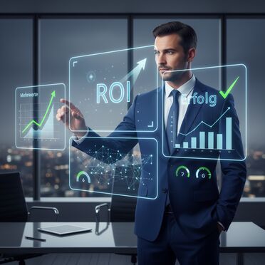 Geschäftsführer analysiert ROI und Mehrwerte auf digitalen Dashboards