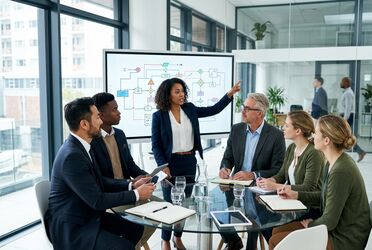 Fünf Geschäftsleute besprechen an einem Glastisch ein KI-Projekt mit digitalem Whiteboard – Sinnbild für die fünf Schlüsselrollen und Change Management einer KI-Einführung