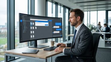 Entscheider arbeitet mit ALBERT | AI in agorum core. Die KI durchsucht das Unternehmenswissen iterativ und liefert die relevanten Dokumente direkt aus der Plattform.