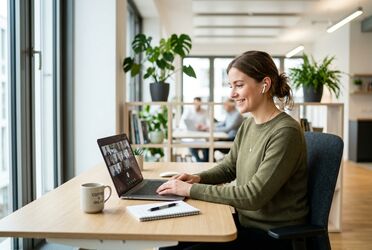 Mitarbeiterin nimmt im hellen Büro am kostenfreien Online-Webinar agorum® Campus zu Firmenwissen mit ALBERT | AI Knowledge teil