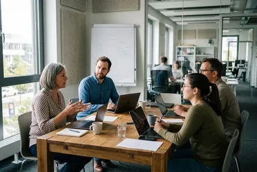 Team in einer Besprechung, eine Person schreibt mit, Ausgangspunkt für einen KI-Skill Besprechungsprotokoll