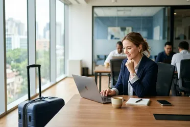 Mitarbeitende mit Reisekoffer liest am Laptop die Antwort der KI-Wissensdatenbank zu Krankmeldung und Reisekosten