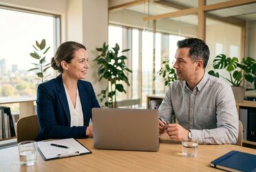 Beraterin und Interessent sitzen an einem Besprechungstisch und sprechen über ein aufgeklapptes Notebook