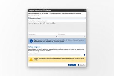Screenshot: Dialog „Vorlage bearbeiten/freigeben“ in ALBERT | AI mit dem neuen Feld „Wann soll diese Vorlage genutzt werden?“ in natürlicher Sprache