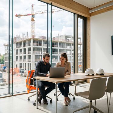 Zwei Personen im hellen Baustellenbüro am Laptop, dahinter der Rohbau