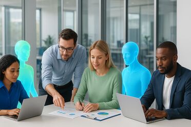 Mensch und KI arbeiten Hand in Hand Team aus Menschen und KI-Assistenten bei der kollaborativen Arbeit