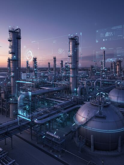 Moderne petrochemische Raffinerie mit Verarbeitungsanlagen bei Sonnenuntergang