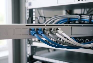 Blaue, graue und weiße Netzwerkkabel stecken ordentlich in einem hellen Patchpanel